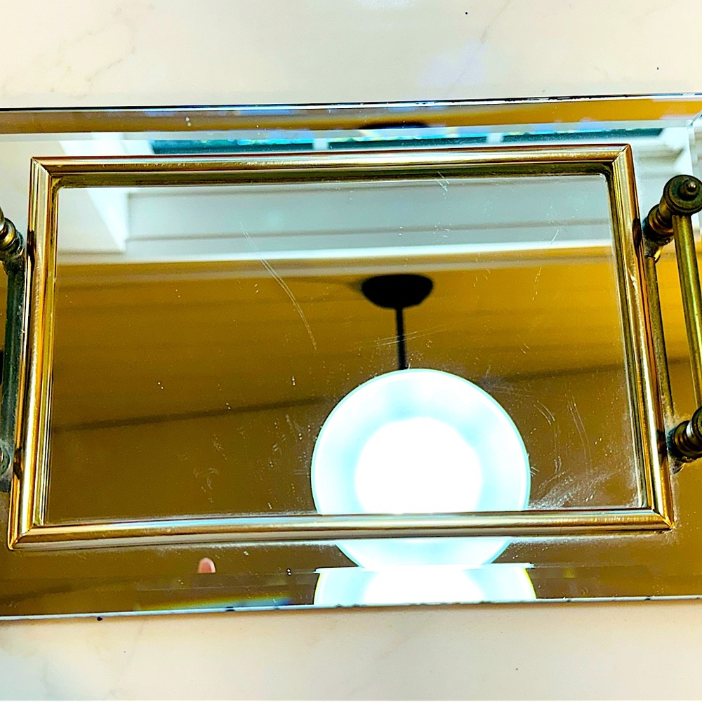 Vtg MCM Rectangular Vanity Mirror Tray With Brass Handles Beveled